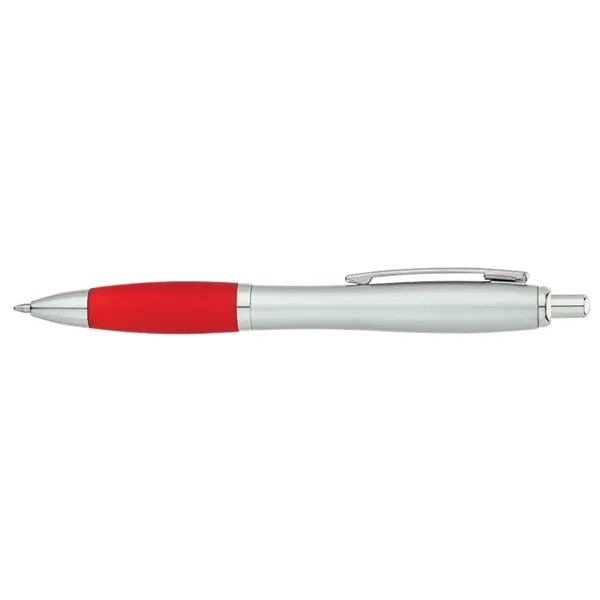 Plunger-action ballpoint pen with matte silver barrel, translucent colored rubberized grip,... from ASI 67866 Logomark/Valumark / Valumark™