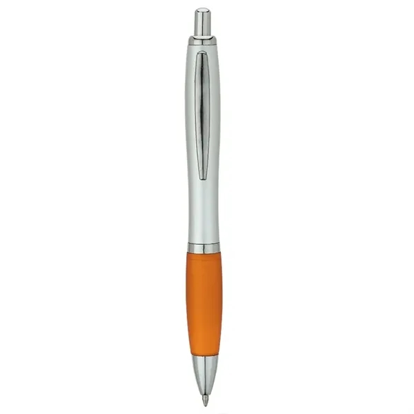 Plunger-action ballpoint pen with matte silver barrel, translucent colored rubberized grip,... from ASI 67866 Logomark/Valumark / Valumark™