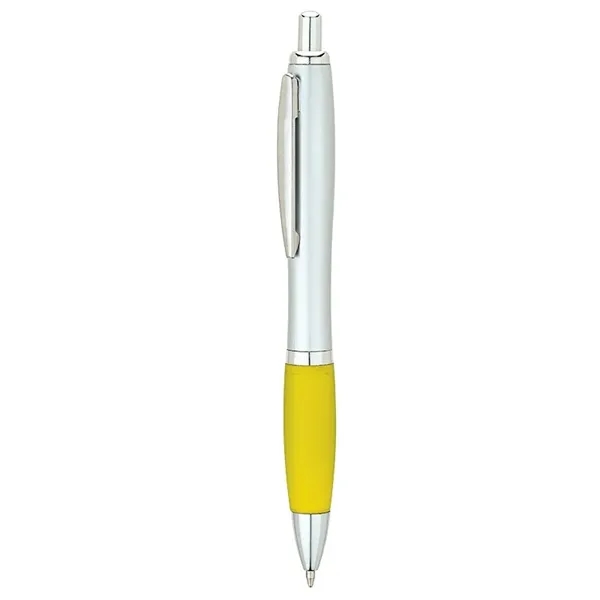 Plunger-action ballpoint pen with matte silver barrel, translucent colored rubberized grip,... from ASI 67866 Logomark/Valumark / Valumark™