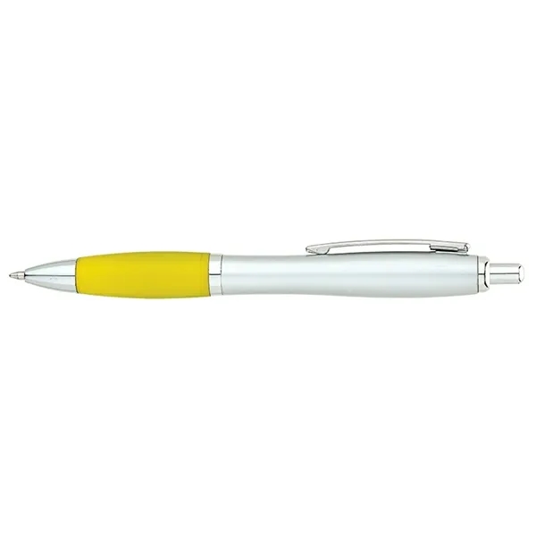 Plunger-action ballpoint pen with matte silver barrel, translucent colored rubberized grip,... from ASI 67866 Logomark/Valumark / Valumark™