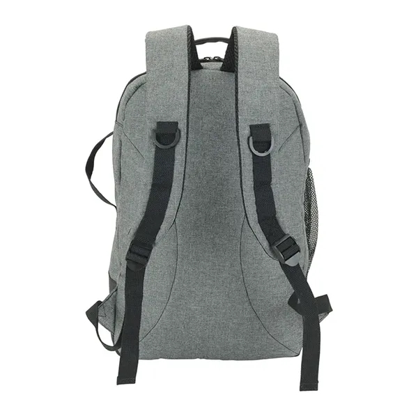 Backpack made with denim-feel fabric and leatherette trim.... from ASI 67866 Logomark/Valumark