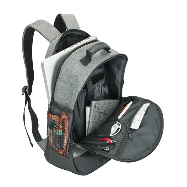 Backpack made with denim-feel fabric and leatherette trim.... from ASI 67866 Logomark/Valumark