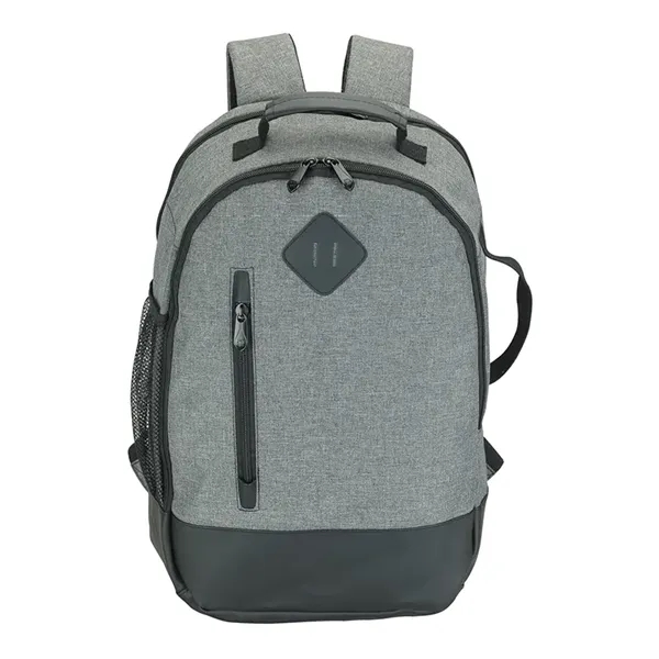 Backpack made with denim-feel fabric and leatherette trim.... from ASI 67866 Logomark/Valumark