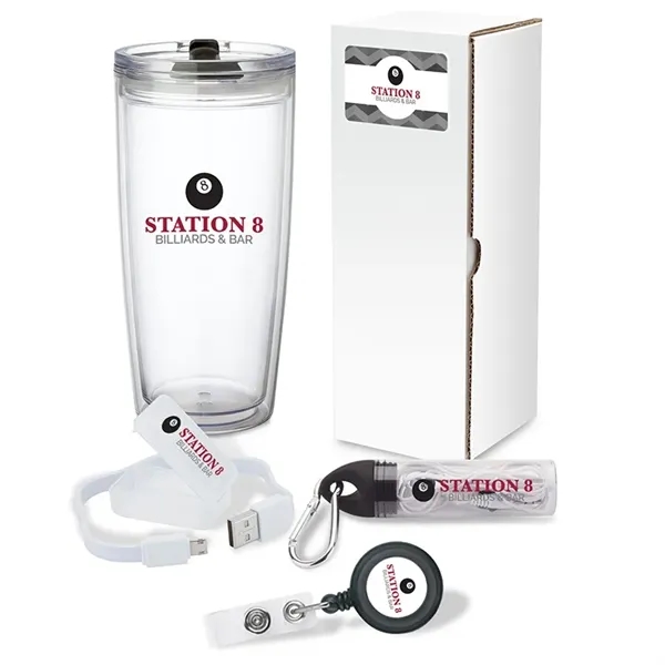 Gift set with 22 oz. tumbler, 2-in-1 charging cable, earbuds with... from ASI 67866 Logomark/Valumark