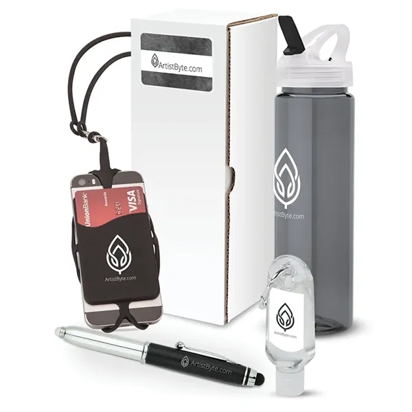 4-piece gift set with 25 oz. PET water bottle, phone/card holder,... from ASI 67866 Logomark/Valumark