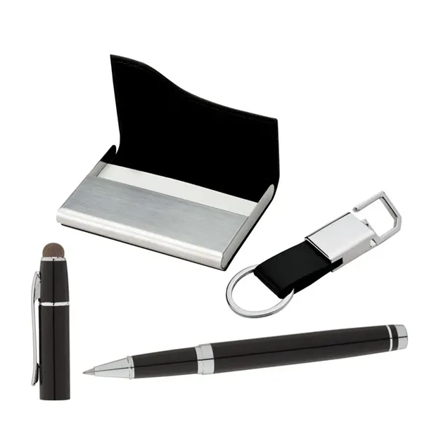 Classy business gift set with an elegant rollerball pen, a business... from ASI 67866 Logomark/Valumark