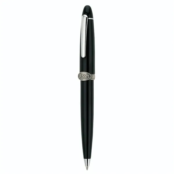 Twist action brass ballpoint pen with high-gloss black lacquered cap and... from ASI 67866 Logomark/Valumark