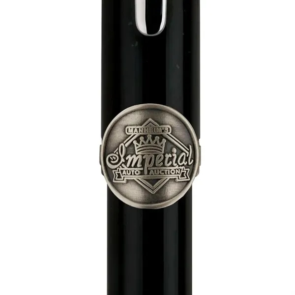 Twist action brass ballpoint pen with high-gloss black lacquered cap and... from ASI 67866 Logomark/Valumark