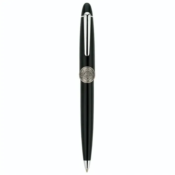 Twist action brass ballpoint pen with high-gloss black lacquered cap and... from ASI 67866 Logomark/Valumark