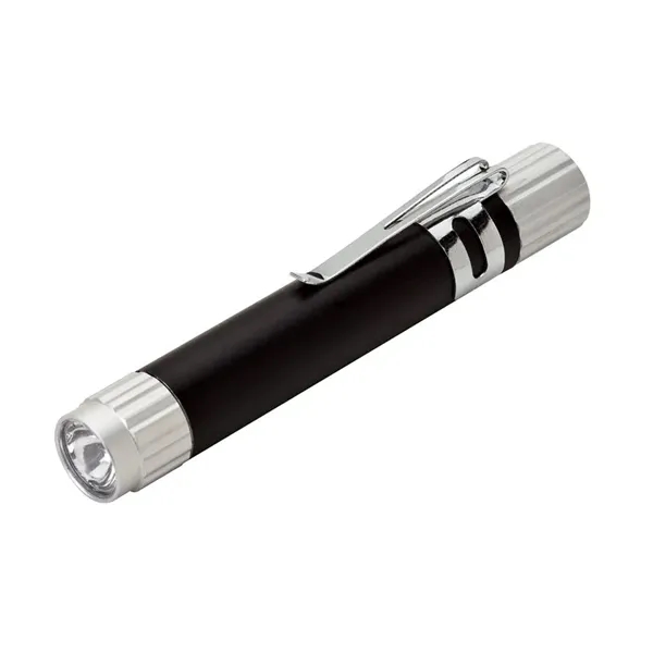 0.69" x 3.75" x 0.56" aluminum LED flashlight with rubber on/off... from ASI 67866 Logomark/Valumark