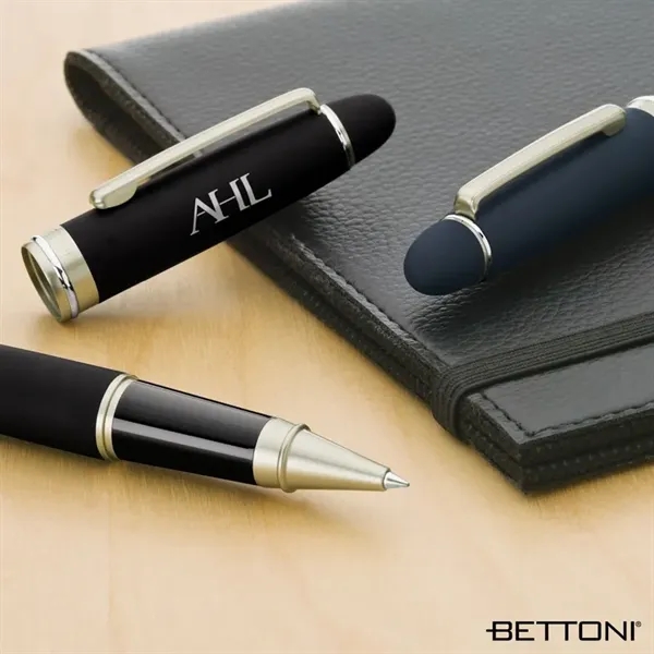 Rollerball pen with Euro-style cap-off design, solid brass barrel and soft-touch... from ASI 67866 Logomark/Valumark