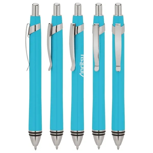 Plunger action ballpoint pen with colorful brass body and chrome trims.... from ASI 67866 Logomark/Valumark