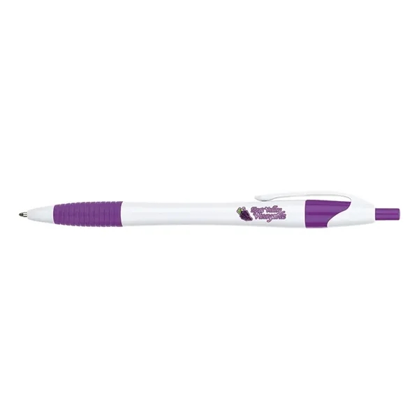Plunger action ballpoint pen with hourglass barrel design and soft rubber... from ASI 67866 Logomark/Valumark / Valumark™