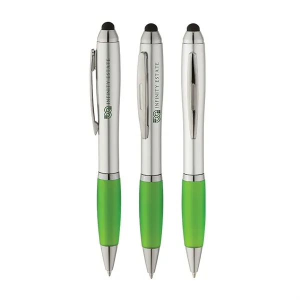 Twist action ballpoint pen with hourglass shaped barrel, colored rubber grip,... from ASI 67866 Logomark/Valumark / Valumark™