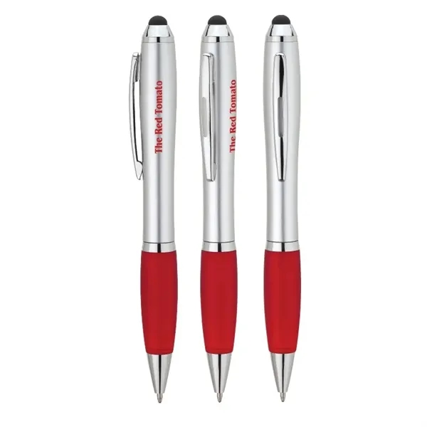 Twist action ballpoint pen with hourglass shaped barrel, colored rubber grip,... from ASI 67866 Logomark/Valumark / Valumark™