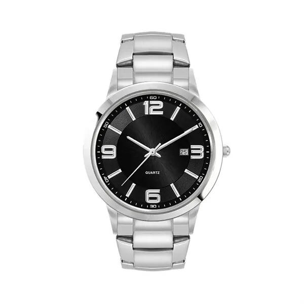 Men's silver stainless steel watch with black sunray dial and 3-hand... from ASI 67866 Logomark/Valumark