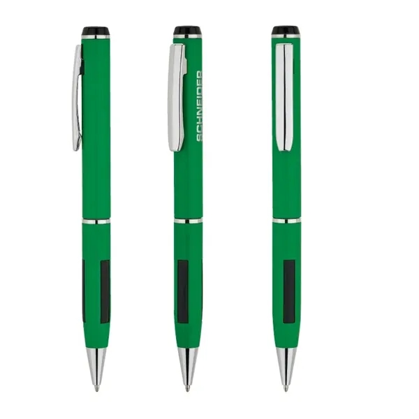 Solid colored brass ballpoint pen with soft rubber grip, chrome accents... from ASI 67866 Logomark/Valumark / Valumark™