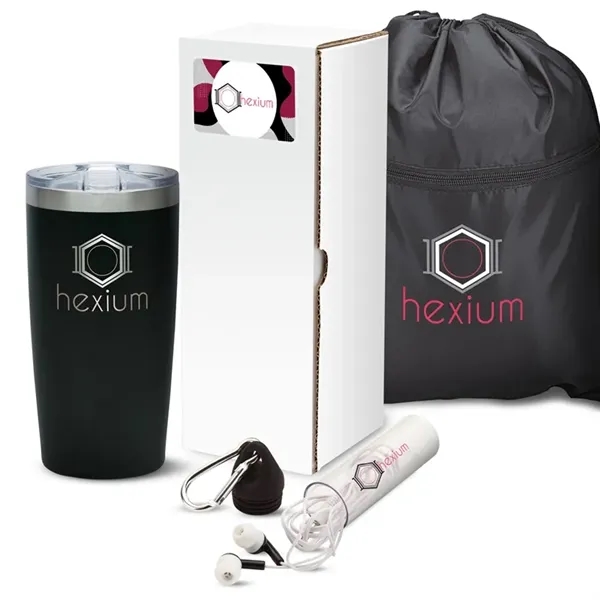 Gift set with 20-ounce stainless steel tumbler, drawstring sports bag and... from ASI 67866 Logomark/Valumark
