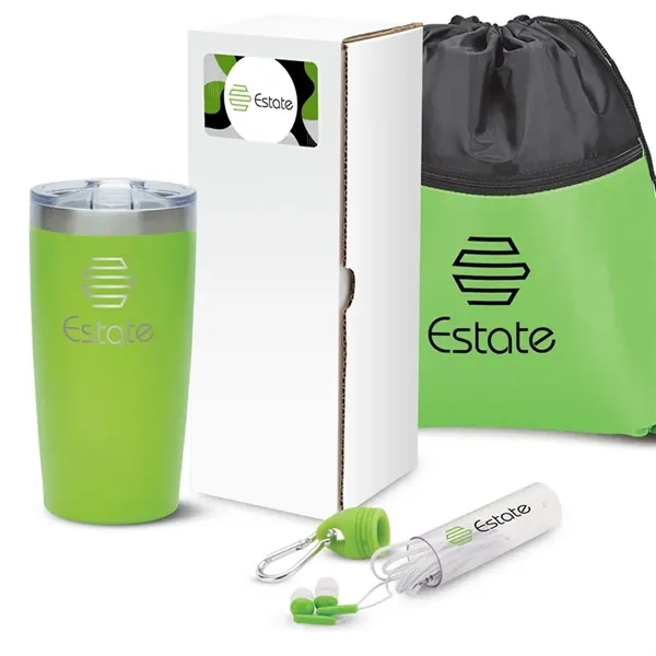 Gift set with 20-ounce stainless steel tumbler, drawstring sports bag and... from ASI 67866 Logomark/Valumark
