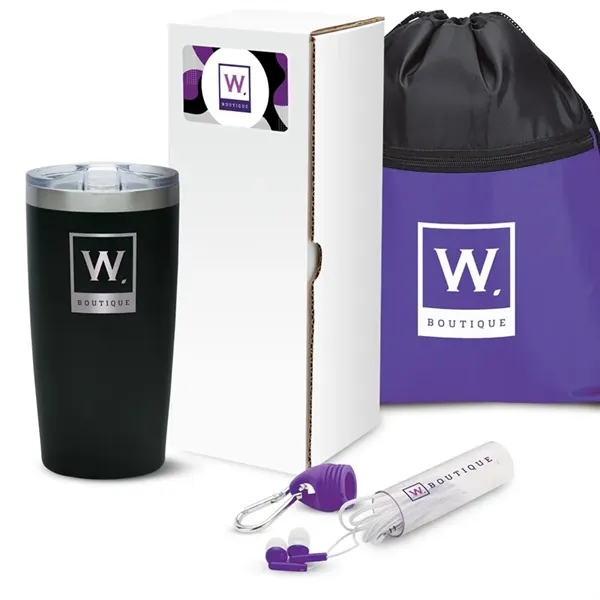 Gift set with 20-ounce stainless steel tumbler, drawstring sports bag and... from ASI 67866 Logomark/Valumark