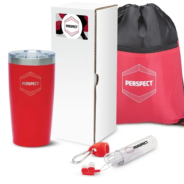 Gift set with 20-ounce stainless steel tumbler, drawstring sports bag and... from ASI 67866 Logomark/Valumark