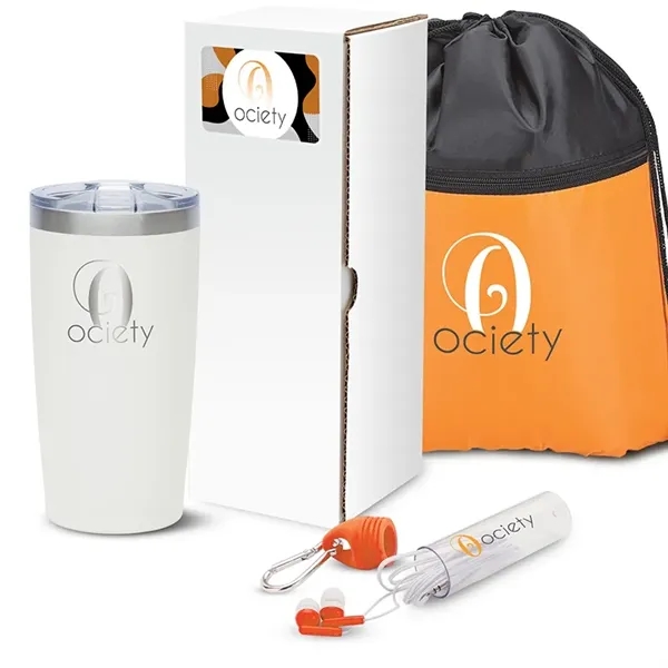 Gift set with 20-ounce stainless steel tumbler, drawstring sports bag and... from ASI 67866 Logomark/Valumark