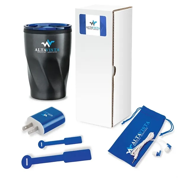 Three-piece networking tech gift set with 12 oz. tumbler, USB wall... from ASI 67866 Logomark/Valumark