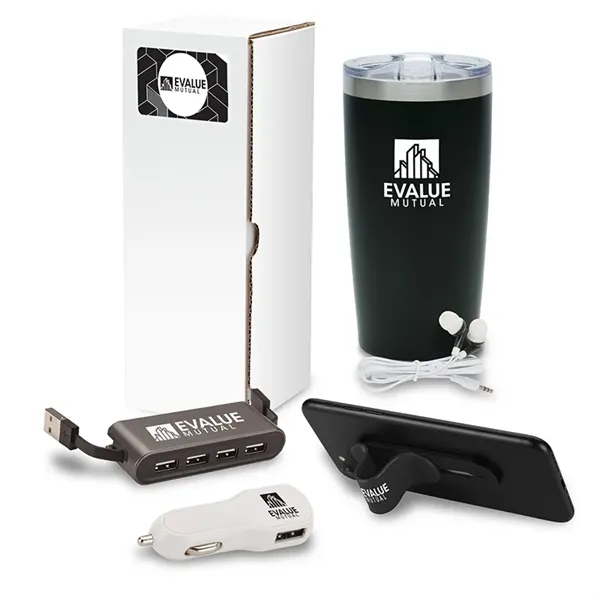 Five-piece gift set with 20 ounce steel drinking tumbler, earbuds, USB... from ASI 67866 Logomark/Valumark