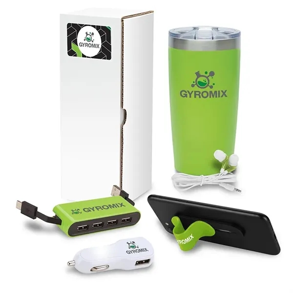 Five-piece gift set with 20 ounce steel drinking tumbler, earbuds, USB... from ASI 67866 Logomark/Valumark