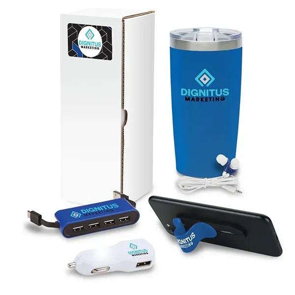Five-piece gift set with 20 ounce steel drinking tumbler, earbuds, USB... from ASI 67866 Logomark/Valumark