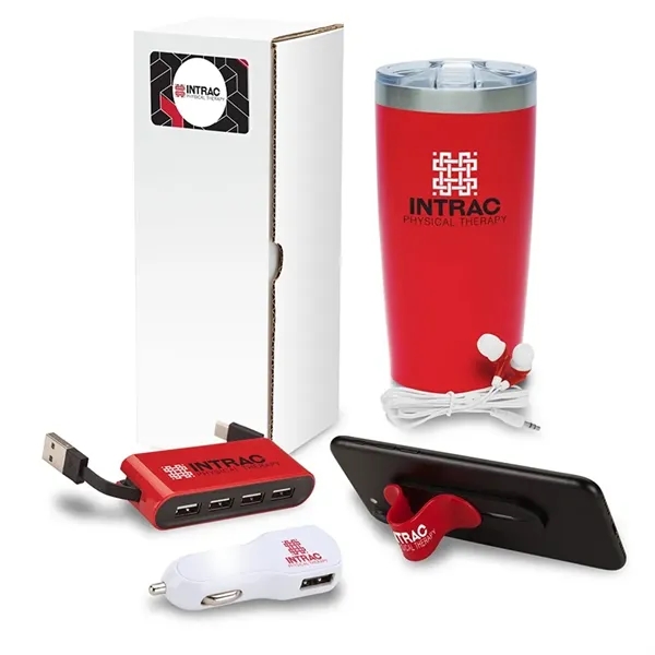 Five-piece gift set with 20 ounce steel drinking tumbler, earbuds, USB... from ASI 67866 Logomark/Valumark
