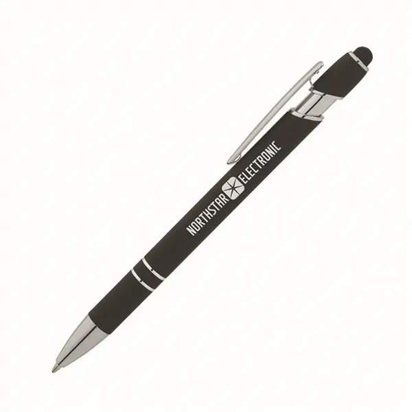 Soft touch aluminum ballpoint pen with plunger action design, chrome trims,... from ASI 67866 Logomark/Valumark