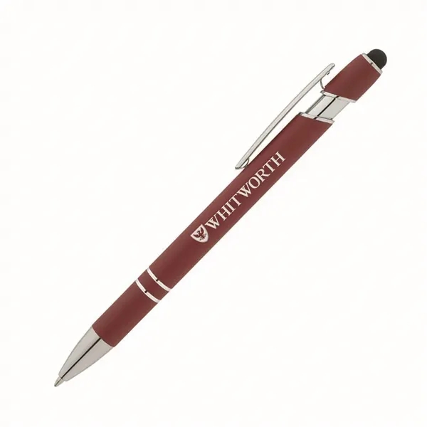 Soft touch aluminum ballpoint pen with plunger action design, chrome trims,... from ASI 67866 Logomark/Valumark