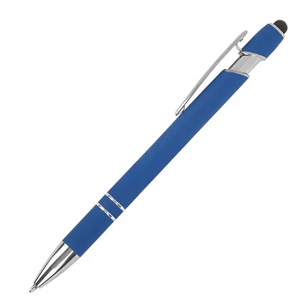 Soft touch aluminum ballpoint pen with plunger action design, chrome trims,... from ASI 67866 Logomark/Valumark