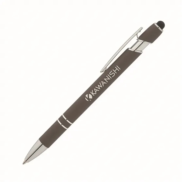 Soft touch aluminum ballpoint pen with plunger action design, chrome trims,... from ASI 67866 Logomark/Valumark