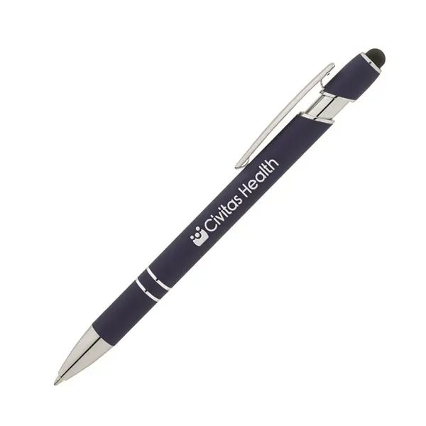 Soft touch aluminum ballpoint pen with plunger action design, chrome trims,... from ASI 67866 Logomark/Valumark