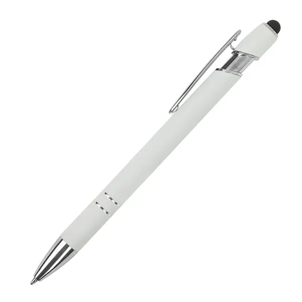 Soft touch aluminum ballpoint pen with plunger action design, chrome trims,... from ASI 67866 Logomark/Valumark