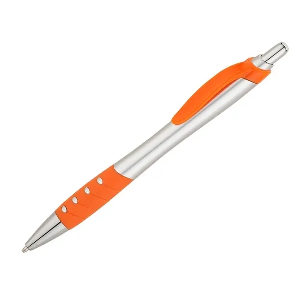 Plunger action ballpoint pen with matte silver hourglass barrel, colored clip,... from ASI 67866 Logomark/Valumark / Valumark™