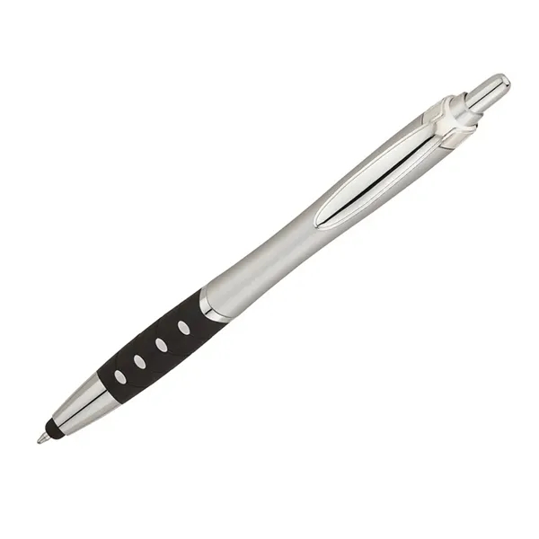 Plunger action ballpoint pen with metallic color barrel, black rubber grip,... from ASI 67866 Logomark/Valumark / Valumark™