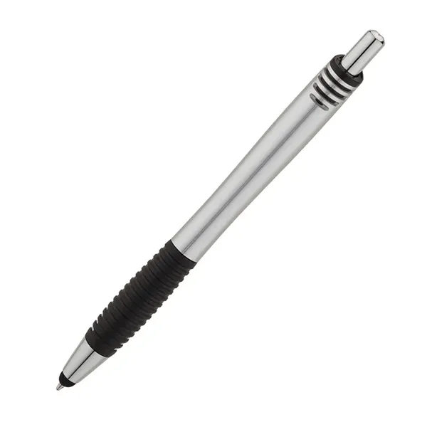Plunger action ballpoint pen with metallic colored barrel, textured rubber grip... from ASI 67866 Logomark/Valumark / Valumark™