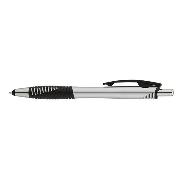 Plunger action ballpoint pen with metallic colored barrel, textured rubber grip... from ASI 67866 Logomark/Valumark / Valumark™