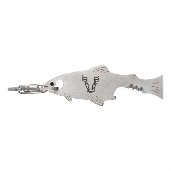 Fish-shaped stainless steel multi-tool featuring a flathead screwdriver, serrated edge, a... from ASI 46170 Compass Industries Inc