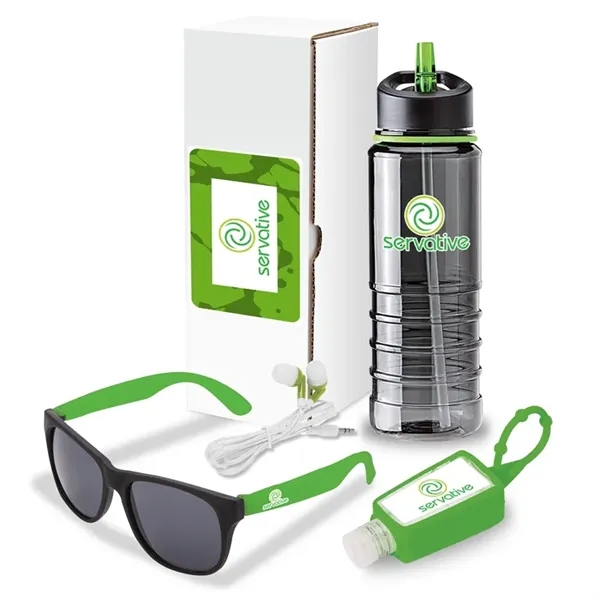 Four-piece gift set with 25-oz. Tritan™ water bottle, stereo earbuds, sunglasses... from ASI 67866 Logomark/Valumark