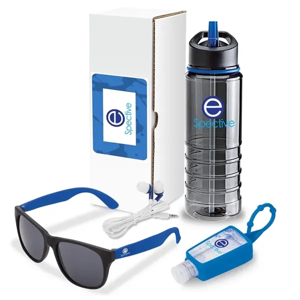 Four-piece gift set with 25-oz. Tritan™ water bottle, stereo earbuds, sunglasses... from ASI 67866 Logomark/Valumark