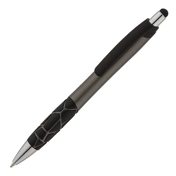 Plunger action ballpoint pen with metallic barrel, textured GEO pattern rubber... from ASI 67866 Logomark/Valumark / Valumark™