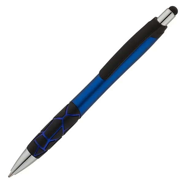 Plunger action ballpoint pen with metallic barrel, textured GEO pattern rubber... from ASI 67866 Logomark/Valumark / Valumark™
