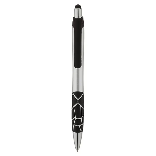 Plunger action ballpoint pen with metallic barrel, textured GEO pattern rubber... from ASI 67866 Logomark/Valumark / Valumark™