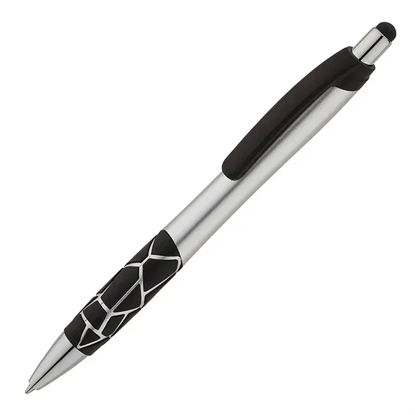 Plunger action ballpoint pen with metallic barrel, textured GEO pattern rubber... from ASI 67866 Logomark/Valumark / Valumark™