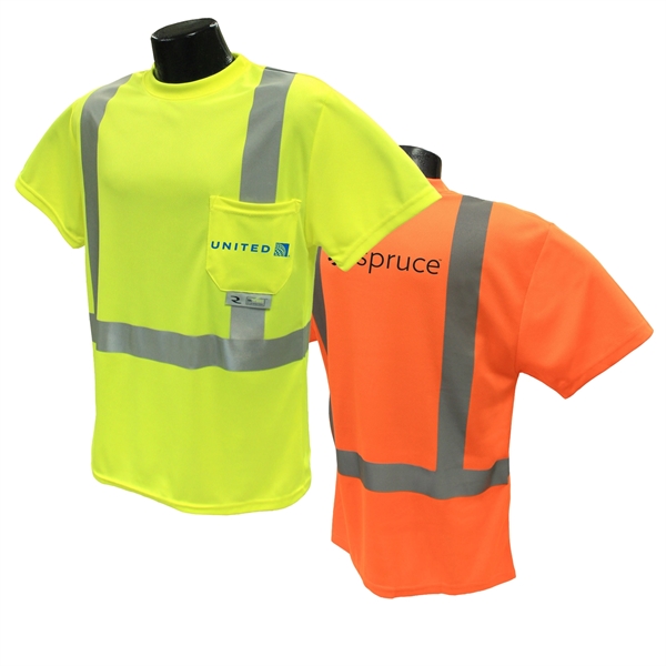 Short sleeve Class 2 Hi-Viz safety T-shirt with a front pocket... from ASI 46170 Compass Industries Inc