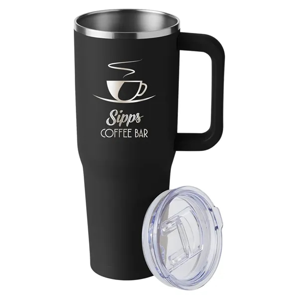 40-ounce travel mug with double-wall vacuum insulation, slide-open lid, and straw.... from ASI 79530 Prime Line
